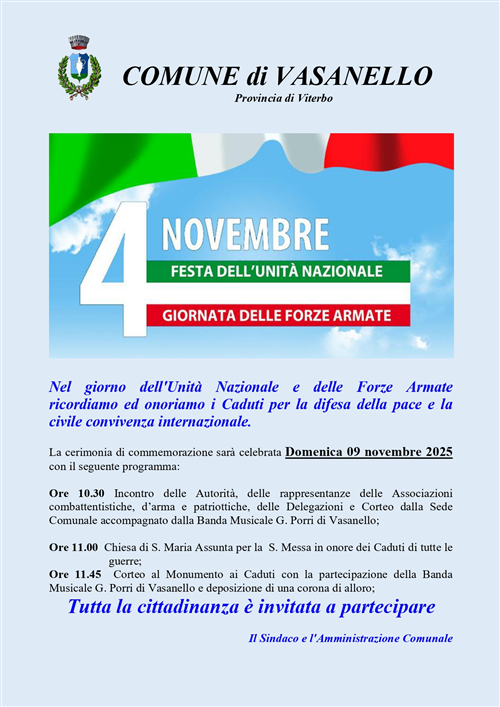 4 Novembre 2025 - Festa dell'unità nazionale - Giornata delle Forze Armate