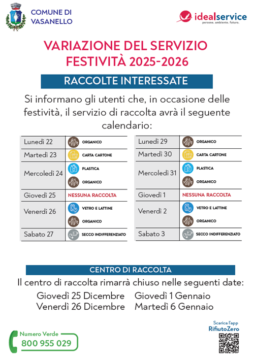 Variazione calendario raccolta differenziata festività natalizie 2025-2026